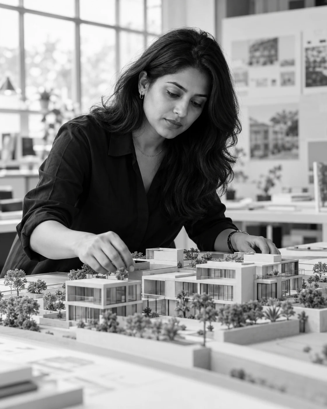 Illustrative creative professional studying an architectural model